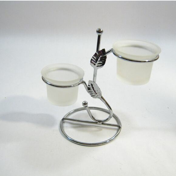 Frosted Glass Votive Candle Holders Silver Leaf accented Pedestal Stand 6 inch - Picture 5 of 5